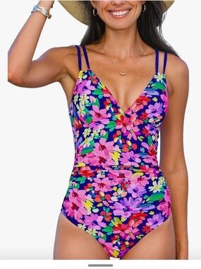 Cupshe Purple Floral V-Neck One-Piece Swimsuit